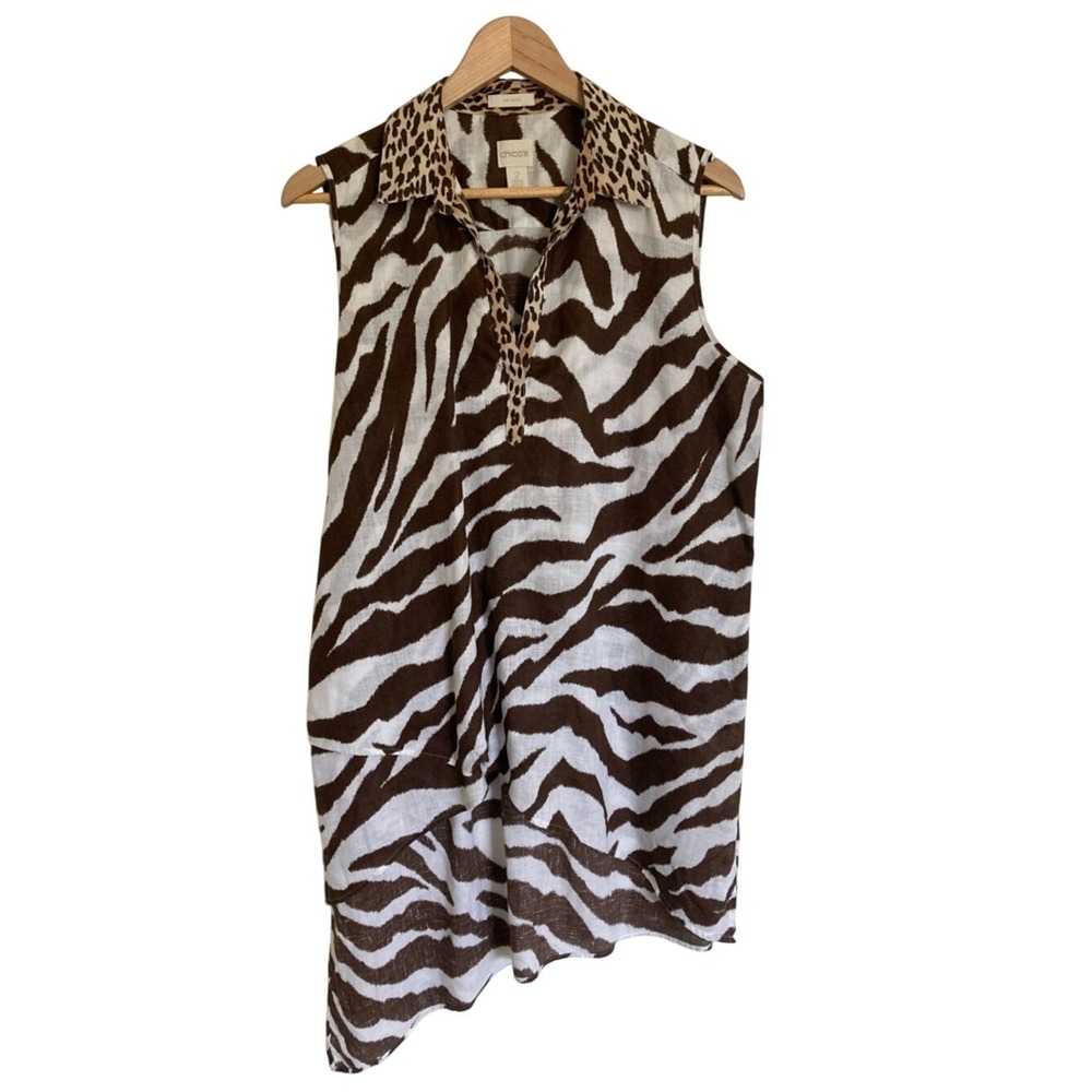 Chicos Woemns Sleeveless Zebra Print Linen Tunic Size Large Leopard Collar